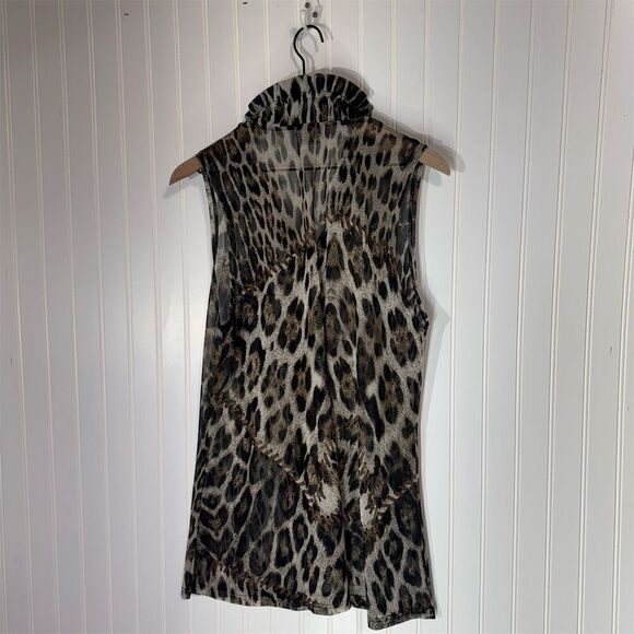 Damee Inc Leopard Sheer Top L Wire Ruffle Collar Mesh Sleeveless Y2K Boho - Picture 4 of 8